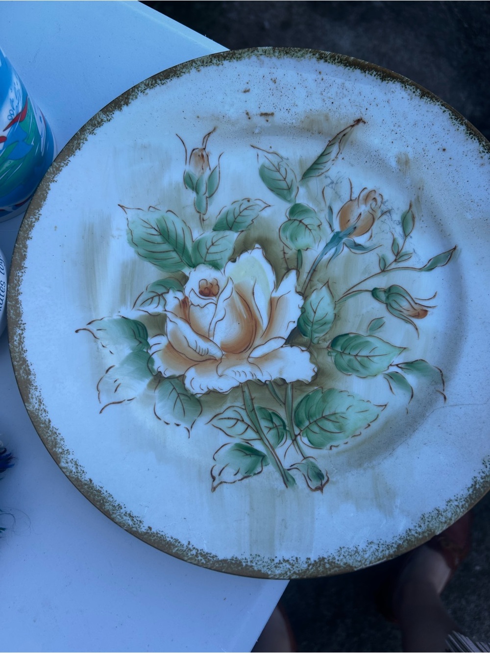 VTG /Japan Hand-Painted Floral Ceramic Dinner Plate - White and Green